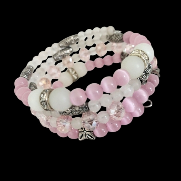 Pink Cat's Eye and White Jade Beaded Wrap Bracelet - Picture 2 of 3
